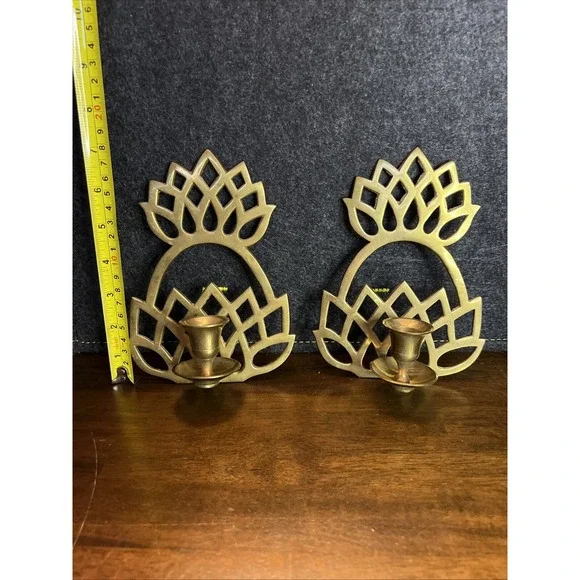 Pair Of Brass Pineapple Wall Mount Candle Holder 7" Tall 5" Wide EUC India - Picture 3 of 7